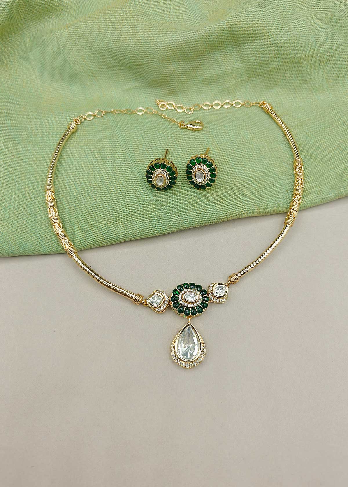 Radiant Gold Plated Cubic Zircon And Kundan Adjustable Short Necklace Set
