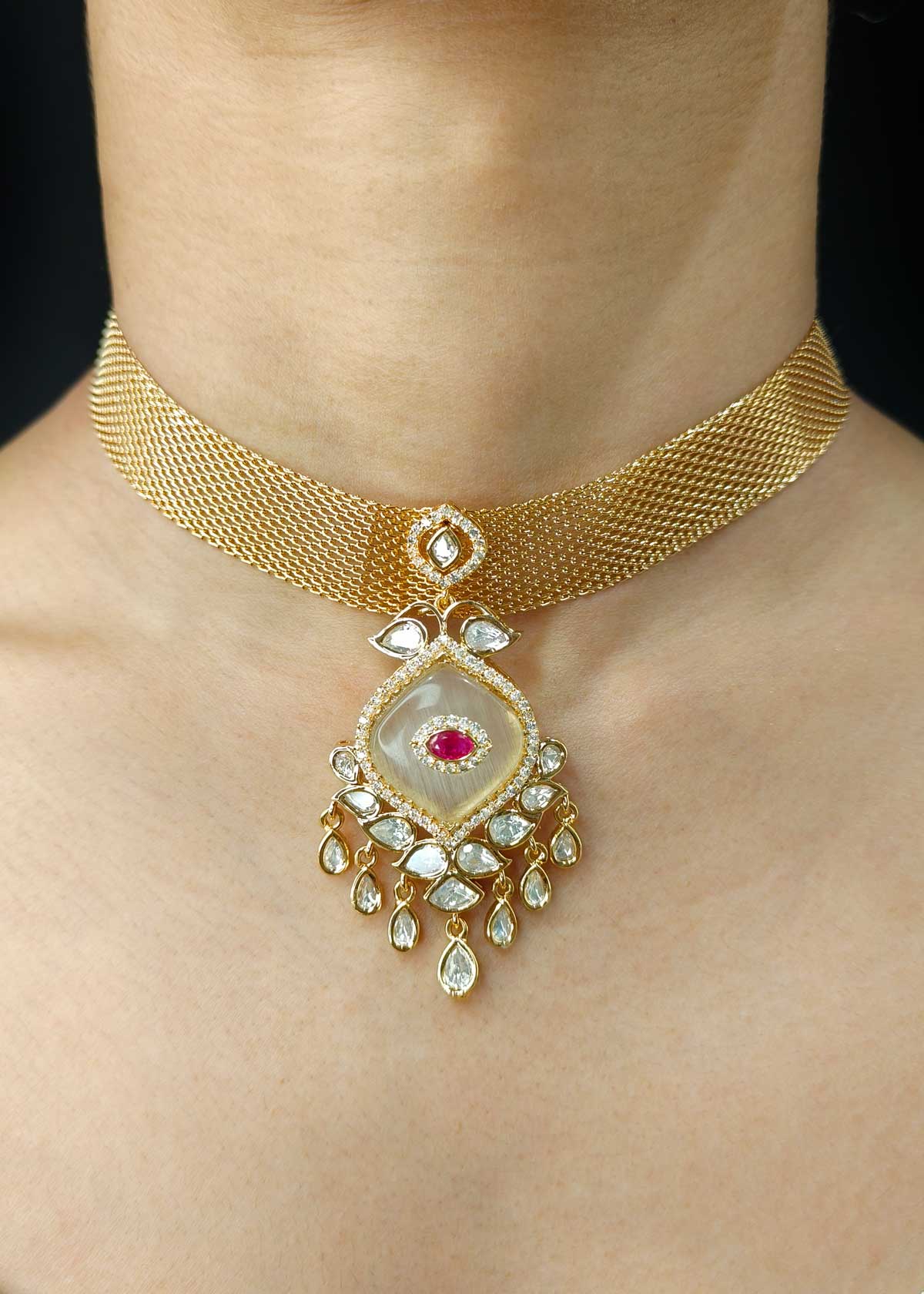 Kundan And Cubic Zircon Mesh Braided Adjustable Choker Necklace Set
