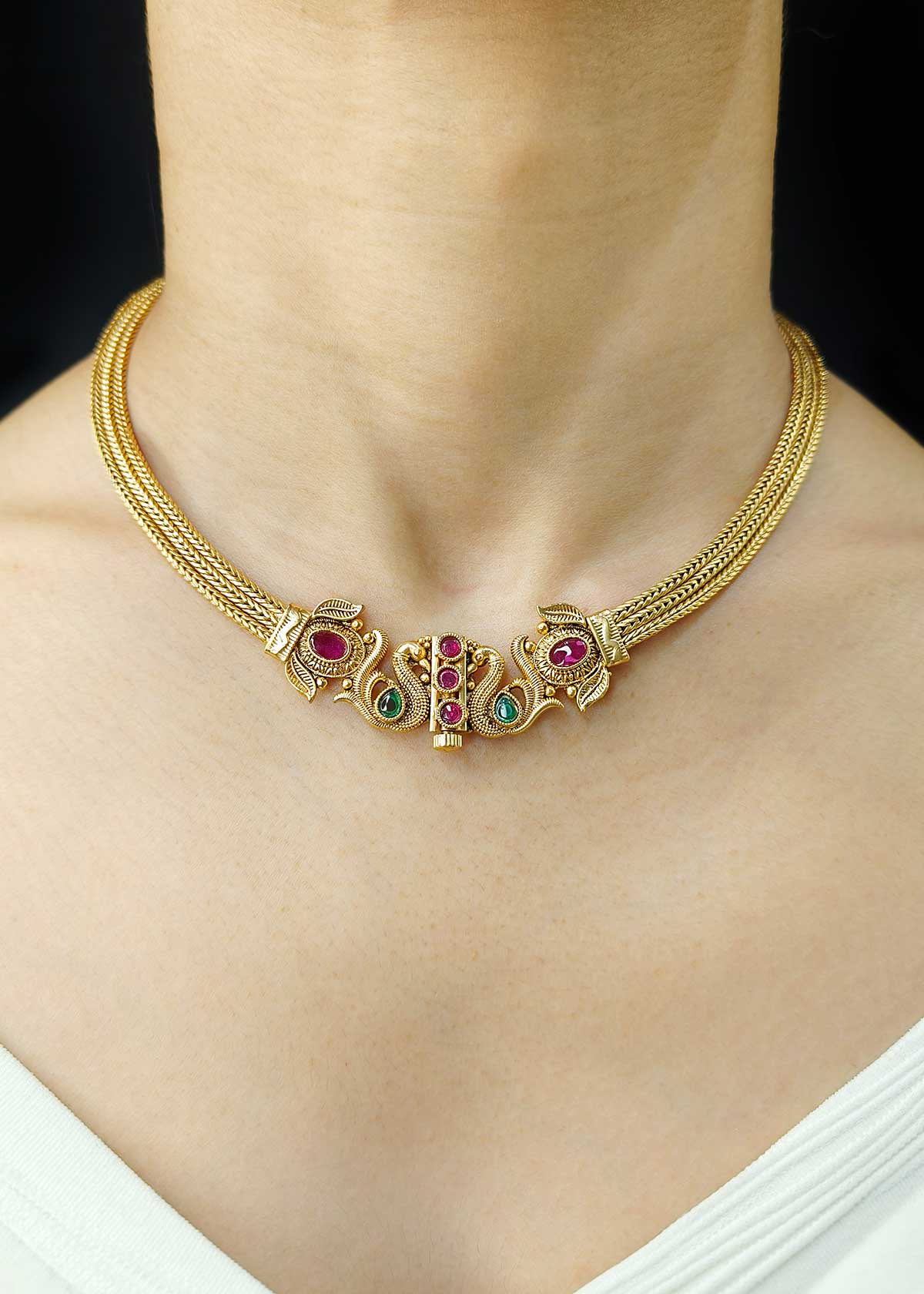 Vintage Style Antique Gold Plated Kemp Peacock Motif Short Necklace Set With Jhumkas