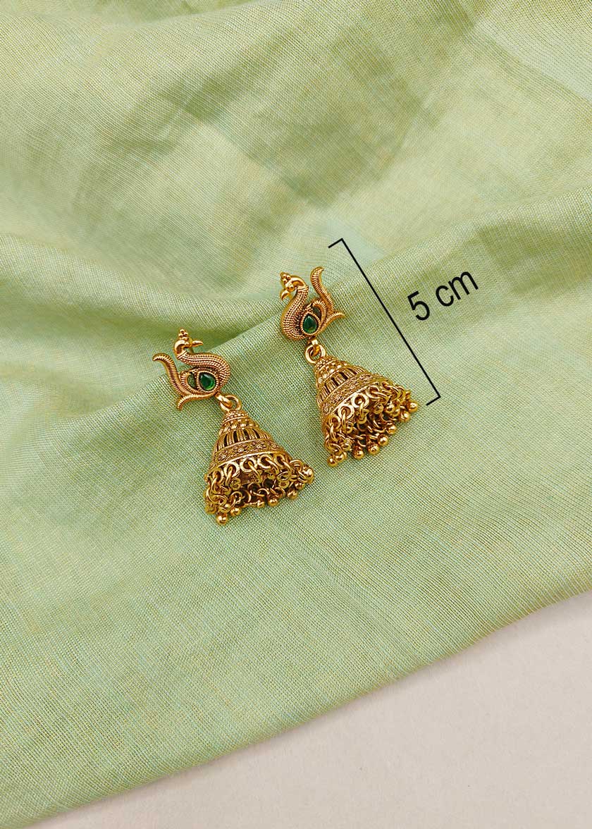 Vintage Style Antique Gold Plated Kemp Peacock Motif Short Necklace Set With Jhumkas