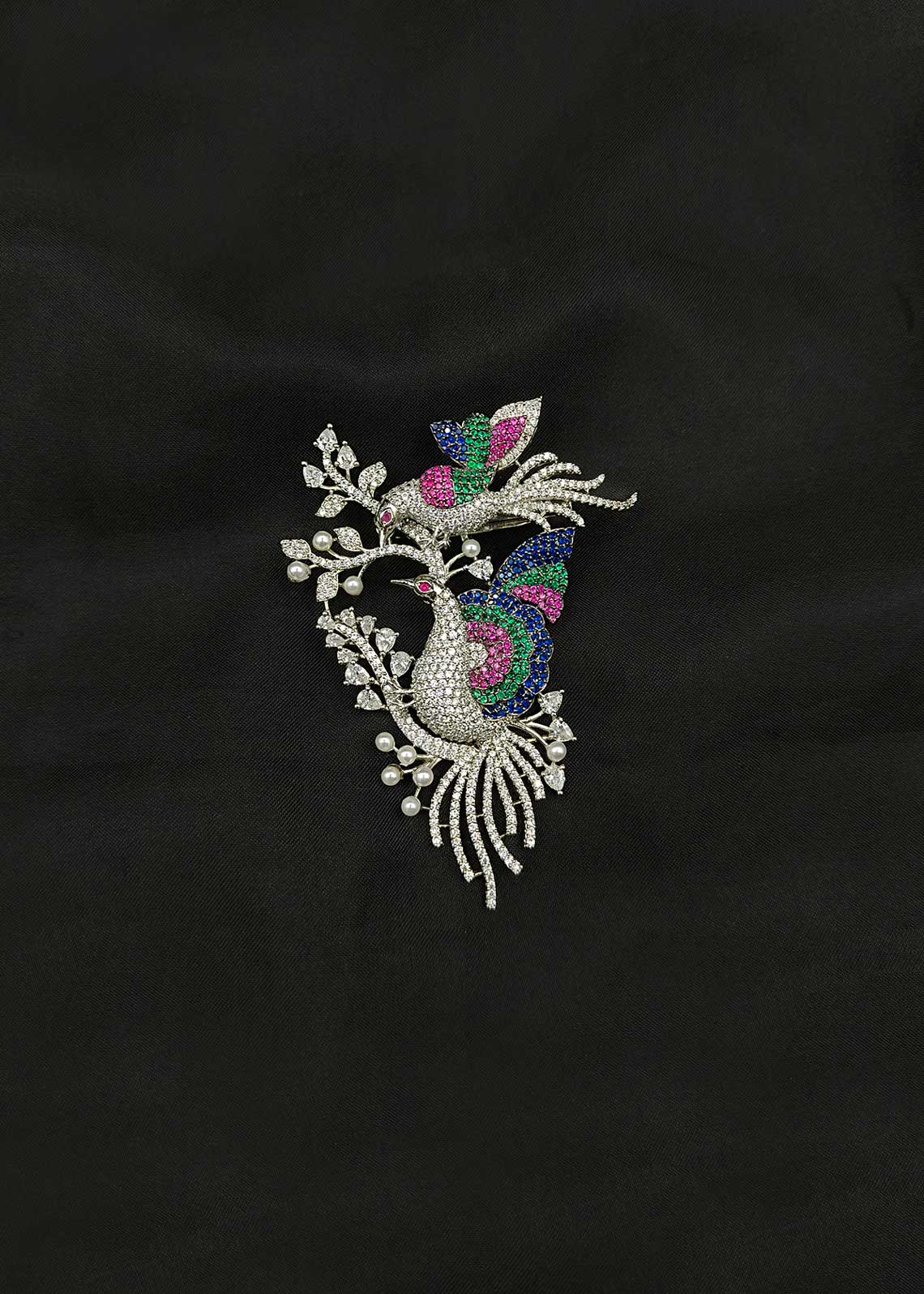 Multicolor Cubic Zircon Dual Peacock Design Silver Plated Brooch / Lapel Pin For Men