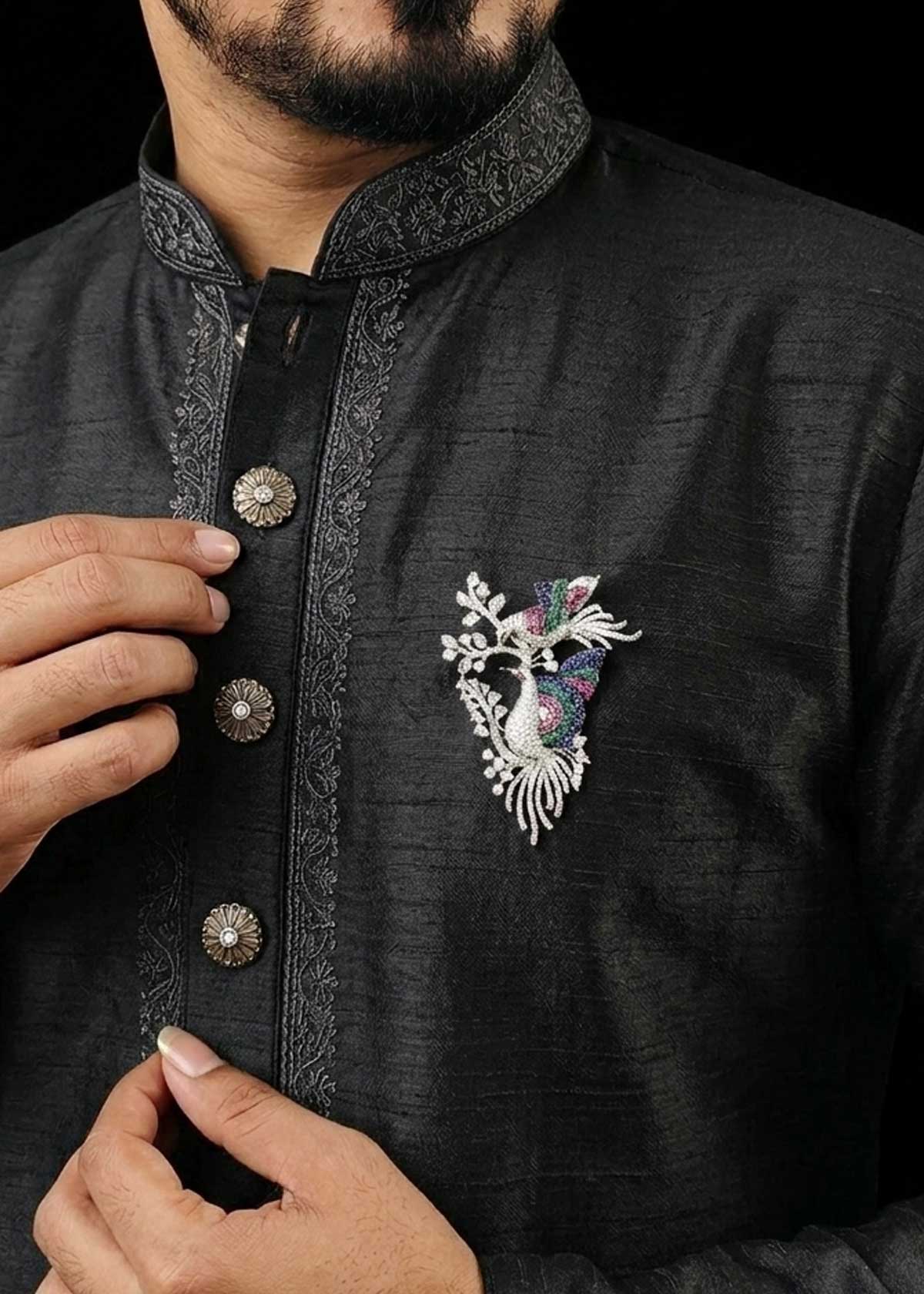 Multicolor Cubic Zircon Dual Peacock Design Silver Plated Brooch / Lapel Pin For Men