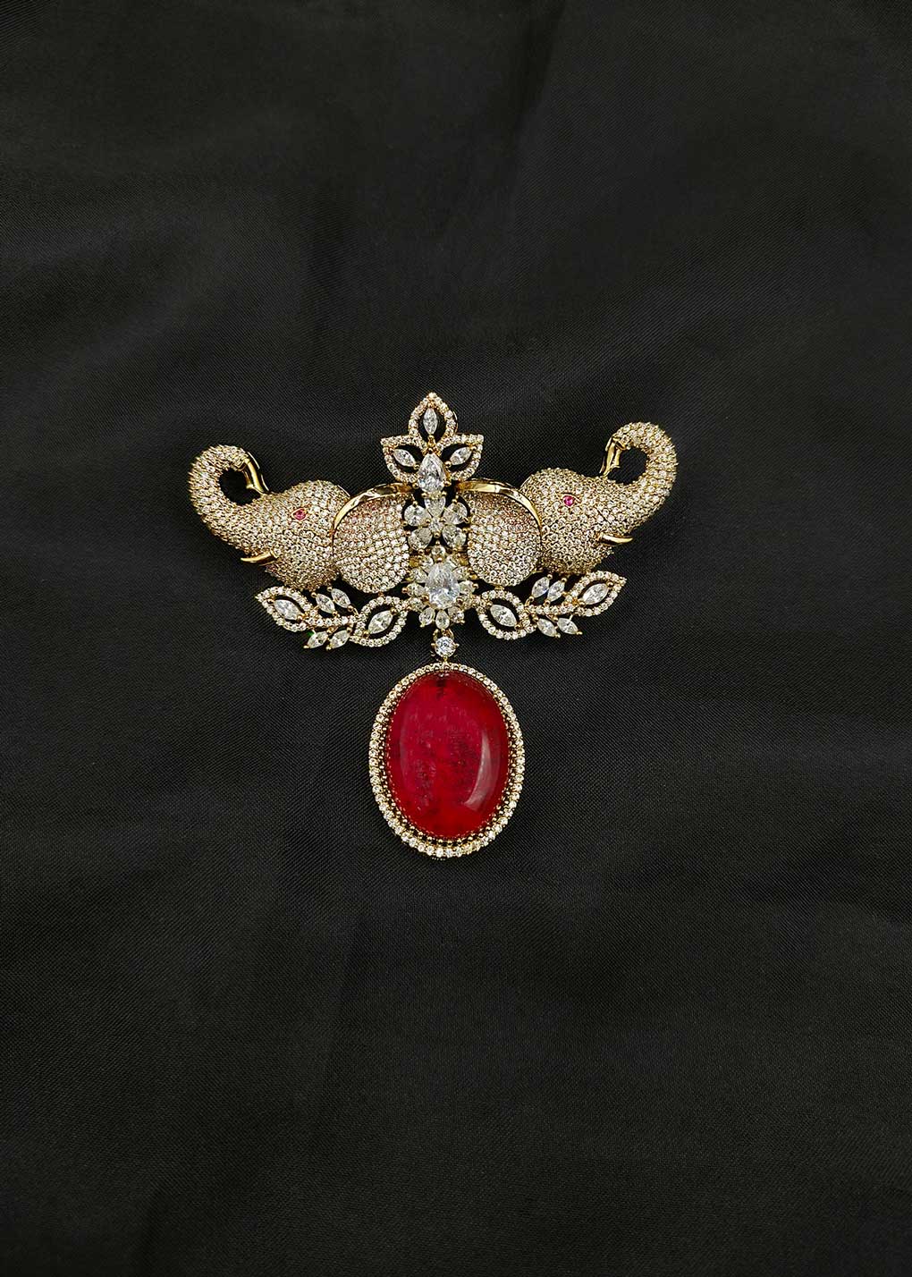 Regal Double Elephant Motif Pink Cubic Zircon And Marquise Antique Gold Brooch / Lapel Pin For Men
