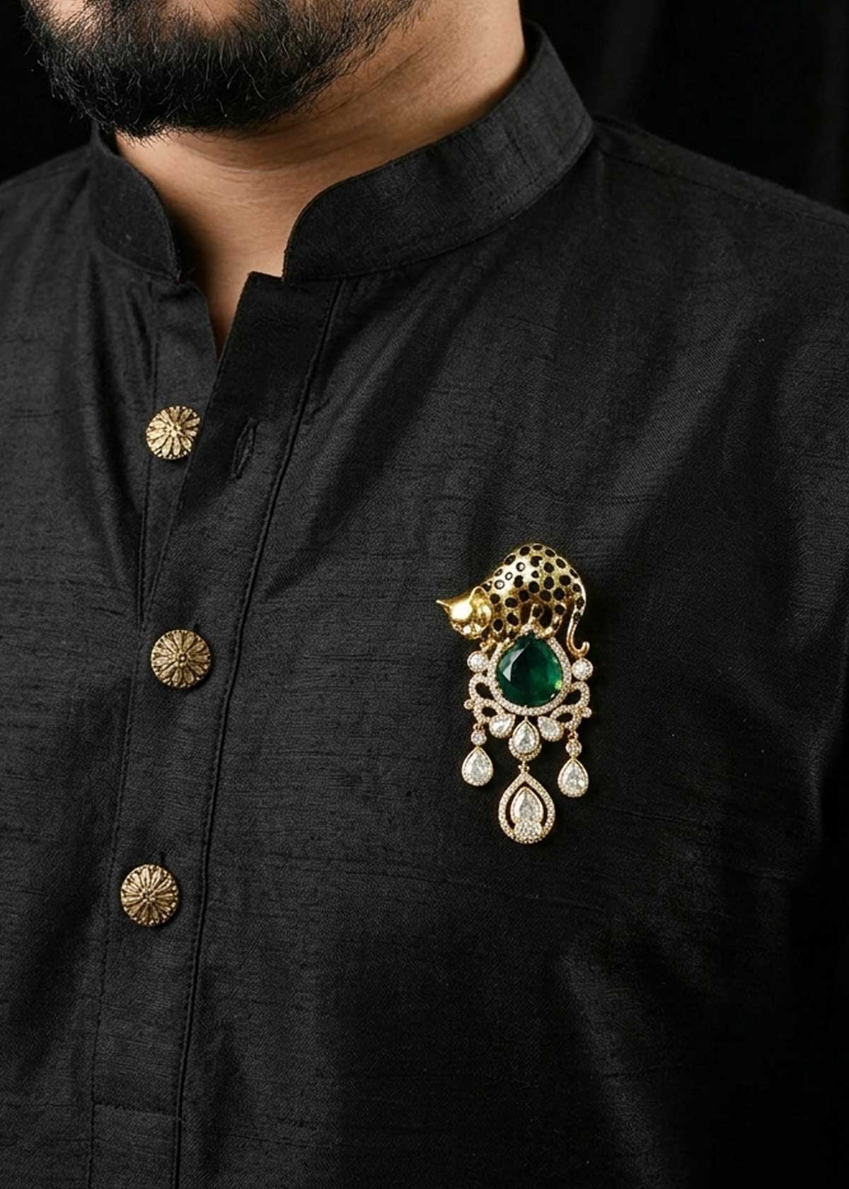 Gold Plated Leopard Motif Emerald, Kundan, Cubic Zircon With Meenakari Men’s Brooch / Lapel Pin