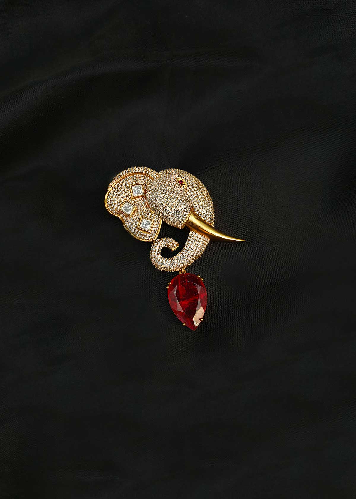 Majestic Elephant Motif Kundan & Cubic Zircon Antique Gold Plated Men’s Brooch / Lapel Pin With Ruby Drop