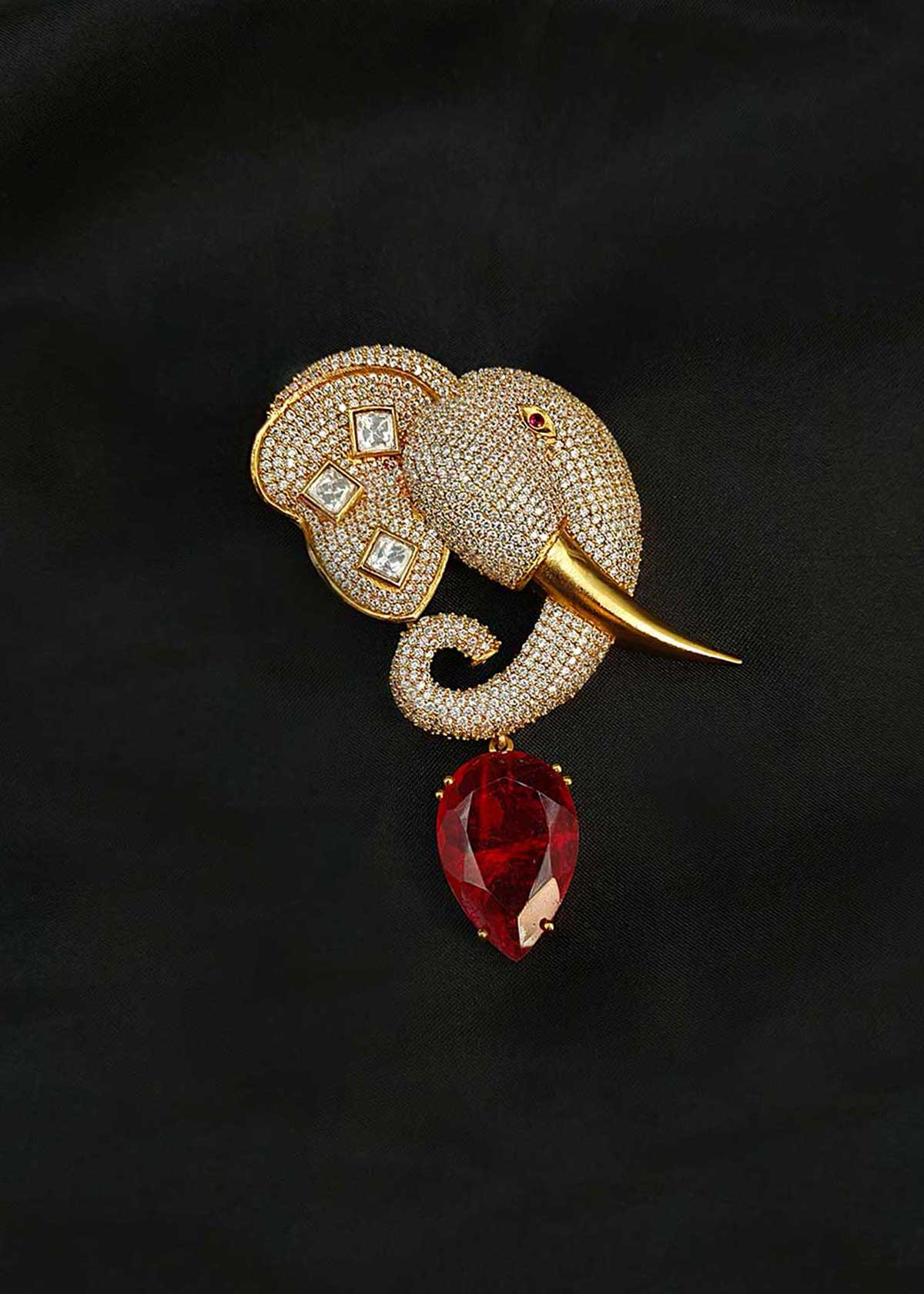 Majestic Elephant Motif Kundan & Cubic Zircon Antique Gold Plated Men’s Brooch / Lapel Pin With Ruby Drop