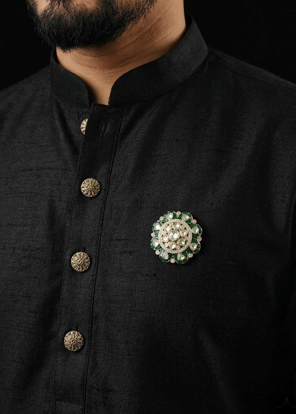 Floral Design Cubic Zircon And Kundan Gold Plated Men’s Brooch / Lapel Pin