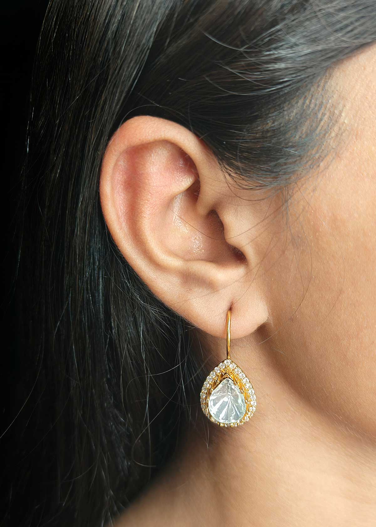 Gold Plated Teardrop Kundan & Cubic Zircon Hook Earrings
