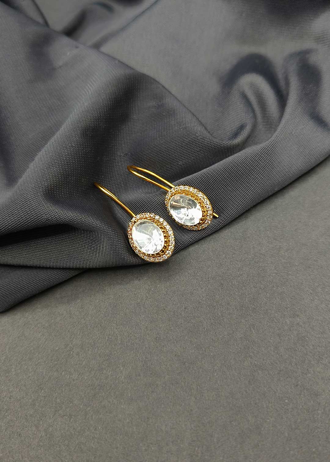 Elegant Oval Cut Gold Plated Kundan & Cubic Zircon Hook Earrings