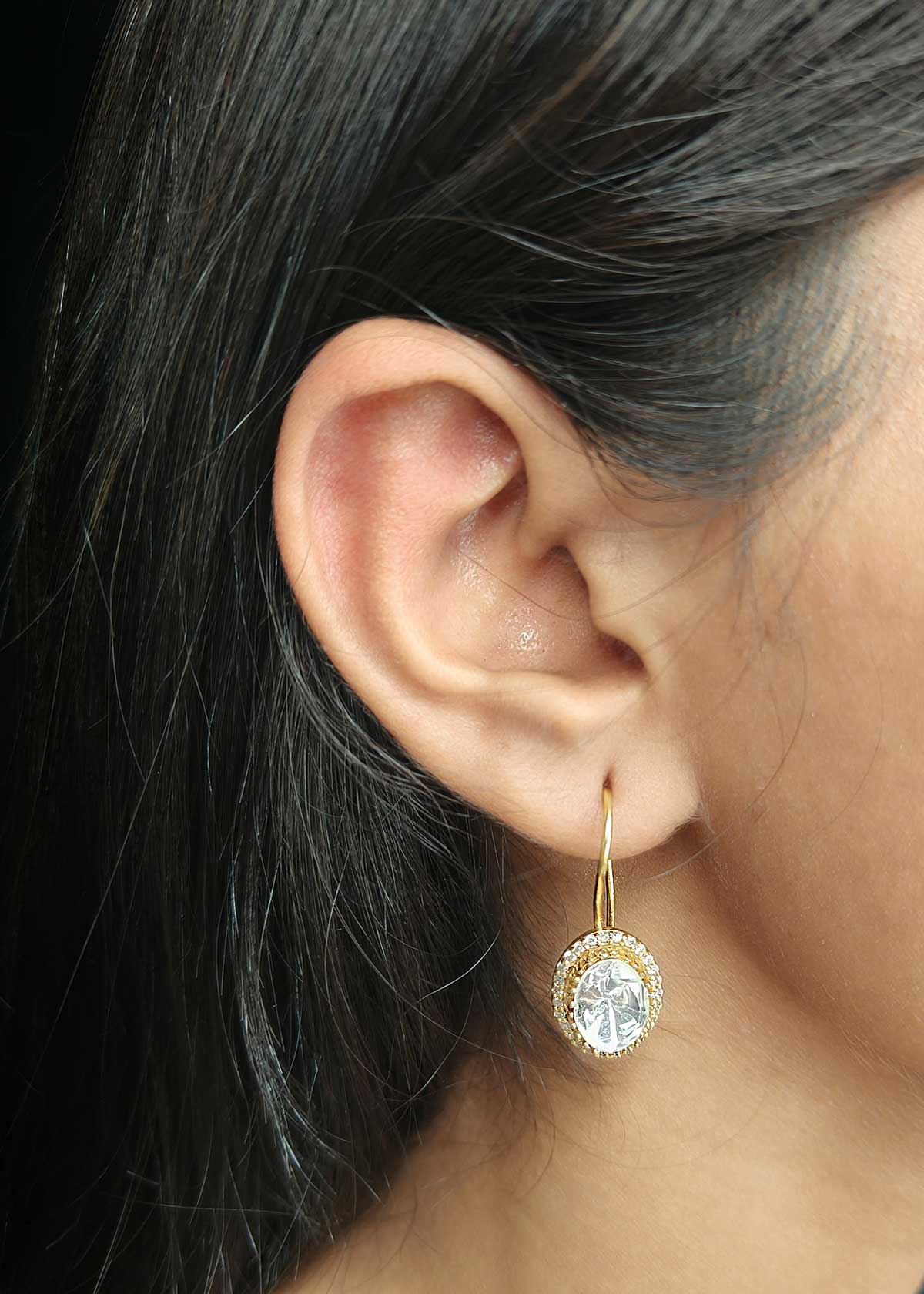 Elegant Oval Cut Gold Plated Kundan & Cubic Zircon Hook Earrings