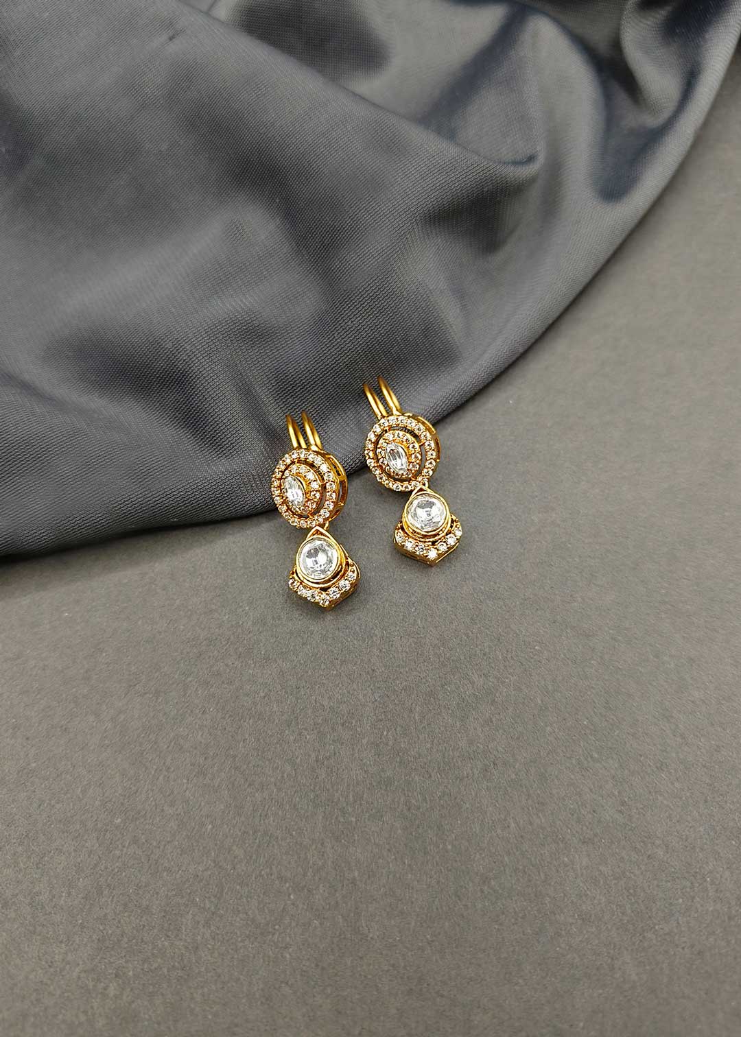 Gold Plated Kundan & Cubic Zircon Dual Layered Drop Ear Cuff Earrings