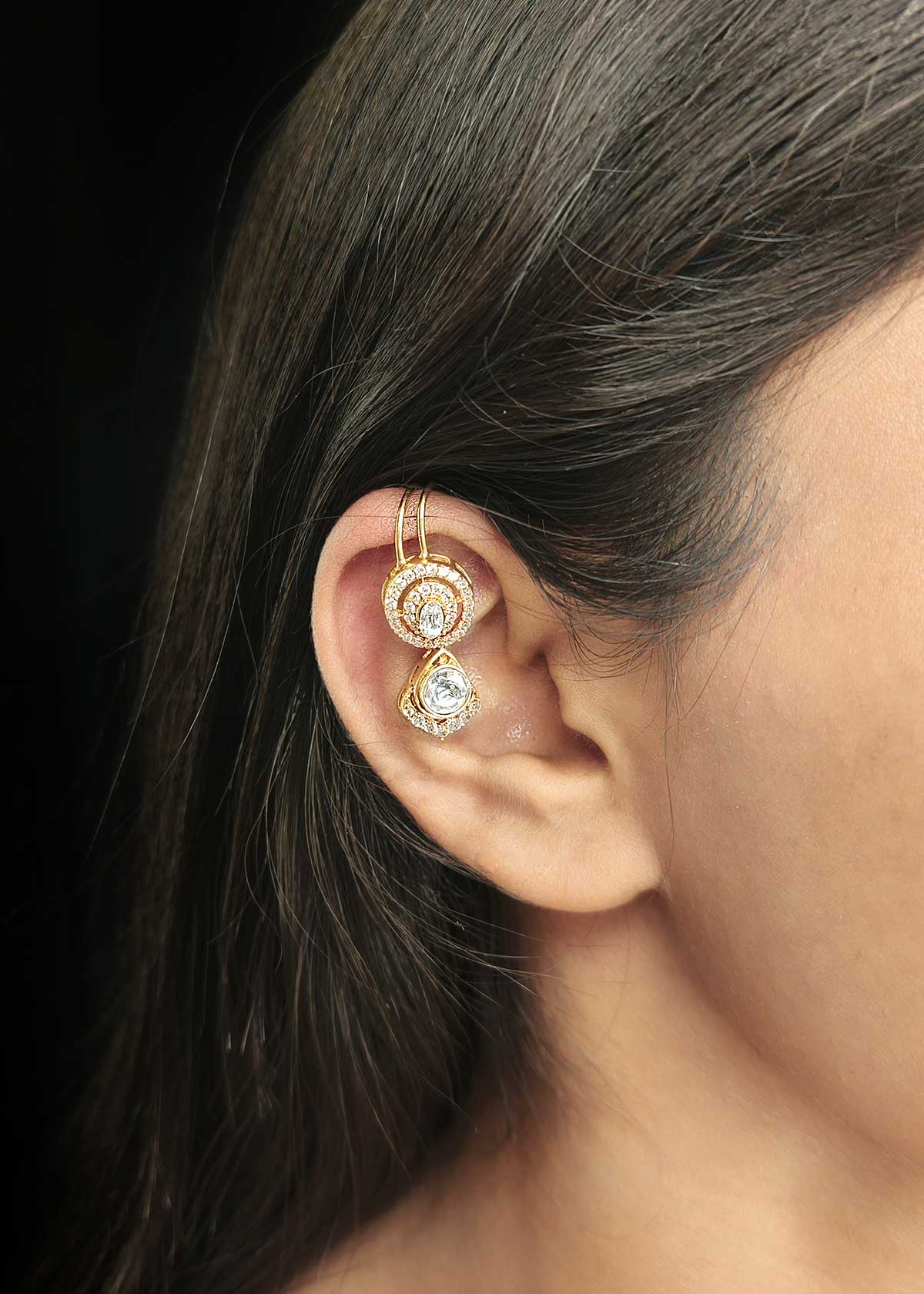 Gold Plated Kundan & Cubic Zircon Dual Layered Drop Ear Cuff Earrings