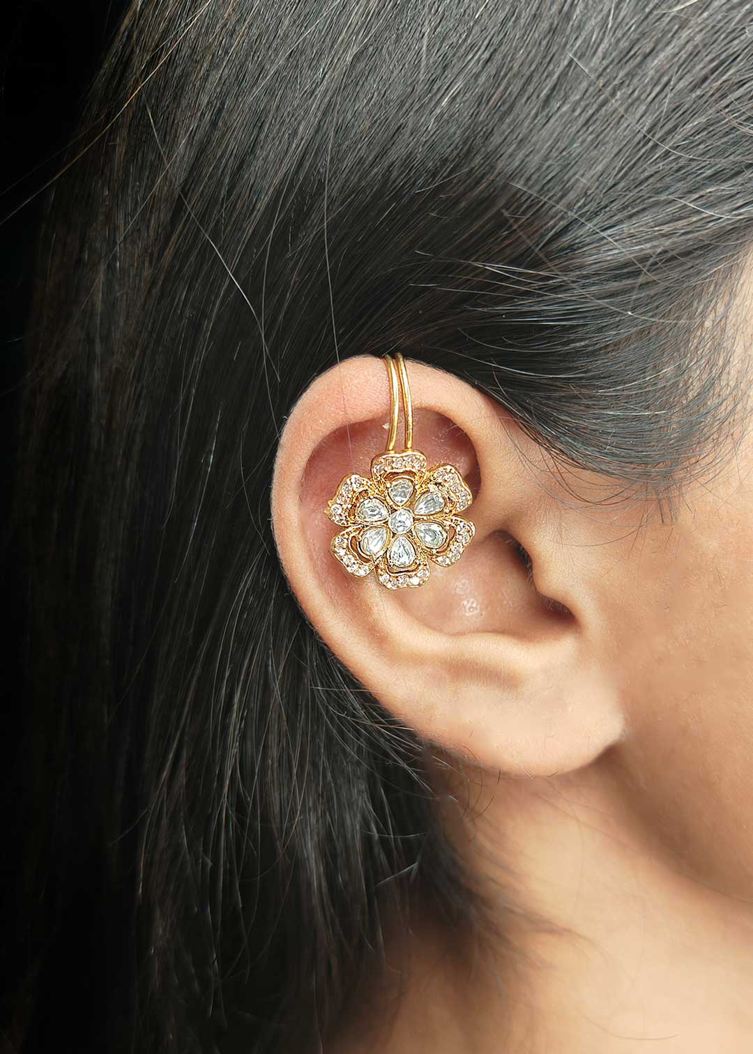 Floral Motif Gold Plated Kundan Ear Cuffs With Shimmering Cubic Zircon