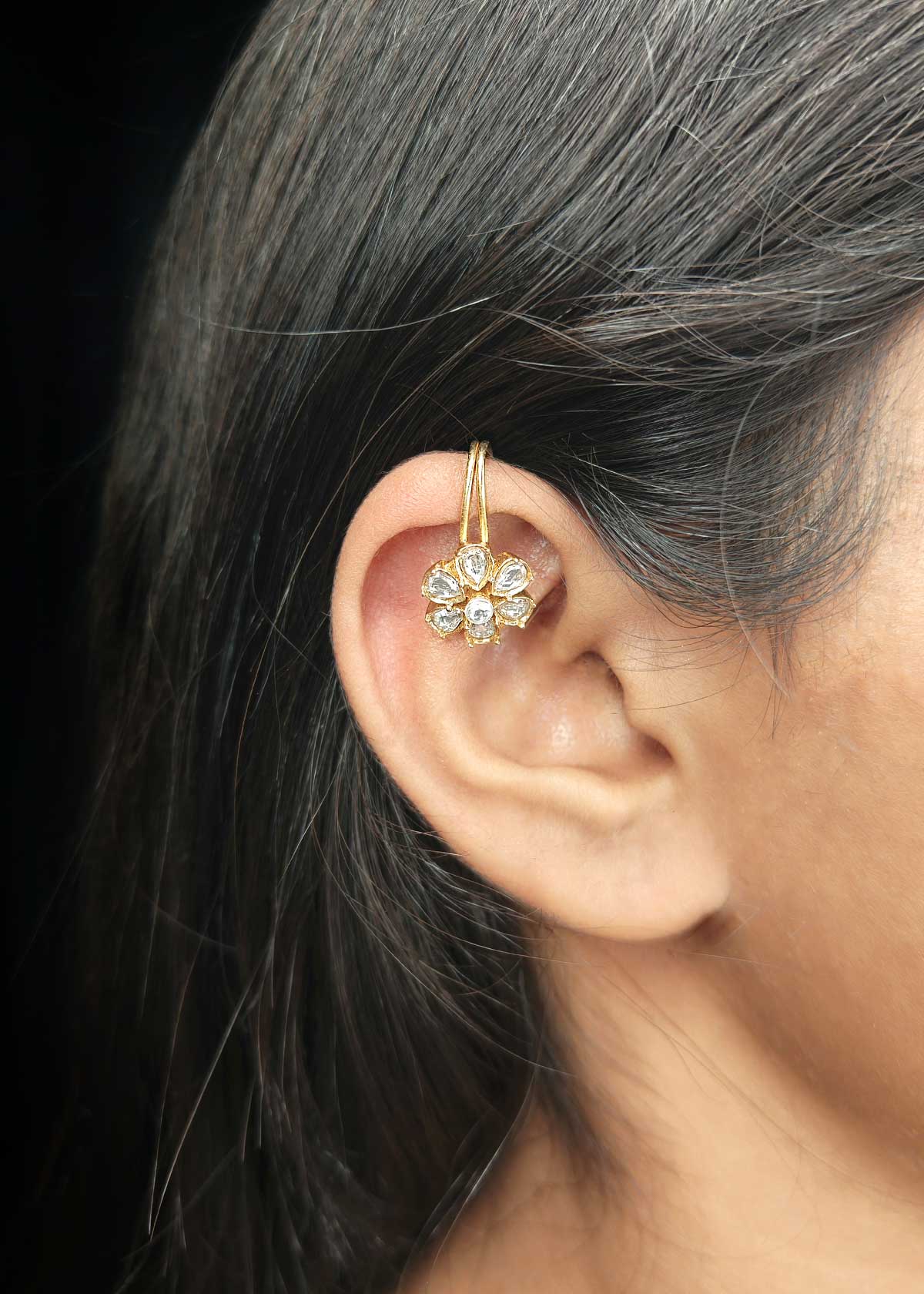 Classic Gold Plated Seven Petal Kundan Floral Ear Cuff / Bugadi Earrings