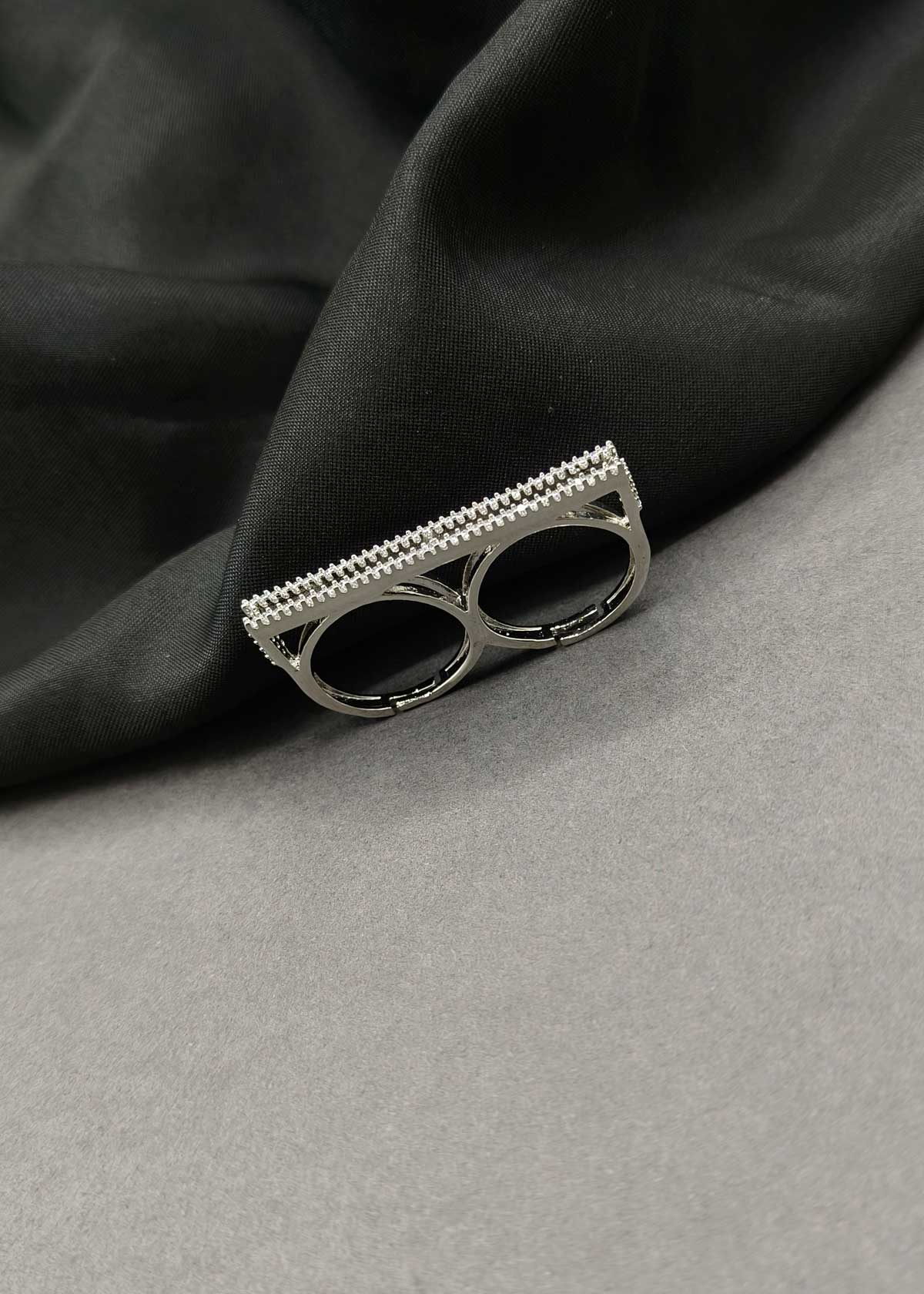 Silver Plated Cubic Zircon Dual Finger Adjustable Ring For Women