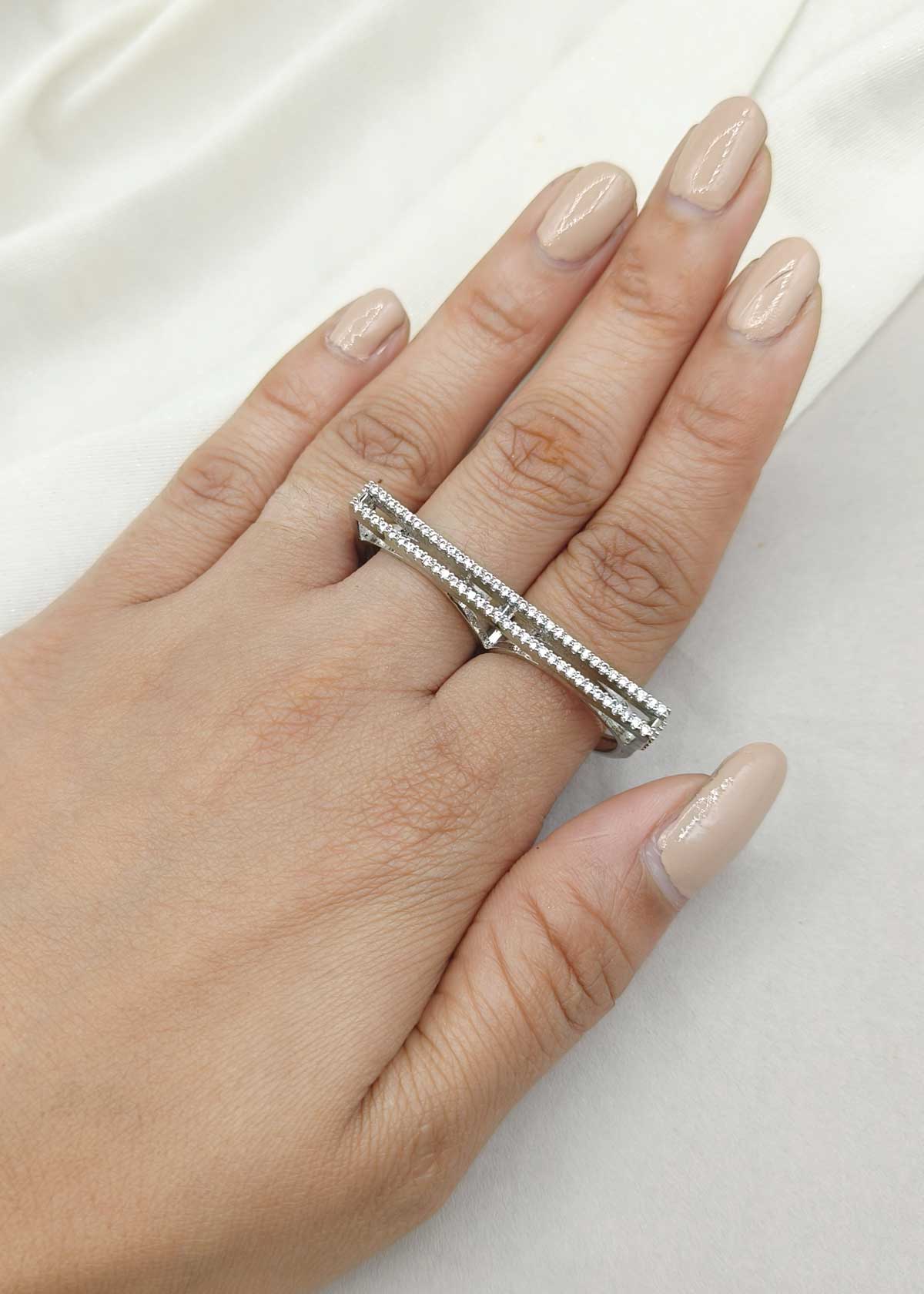 Silver Plated Cubic Zircon Dual Finger Adjustable Ring For Women