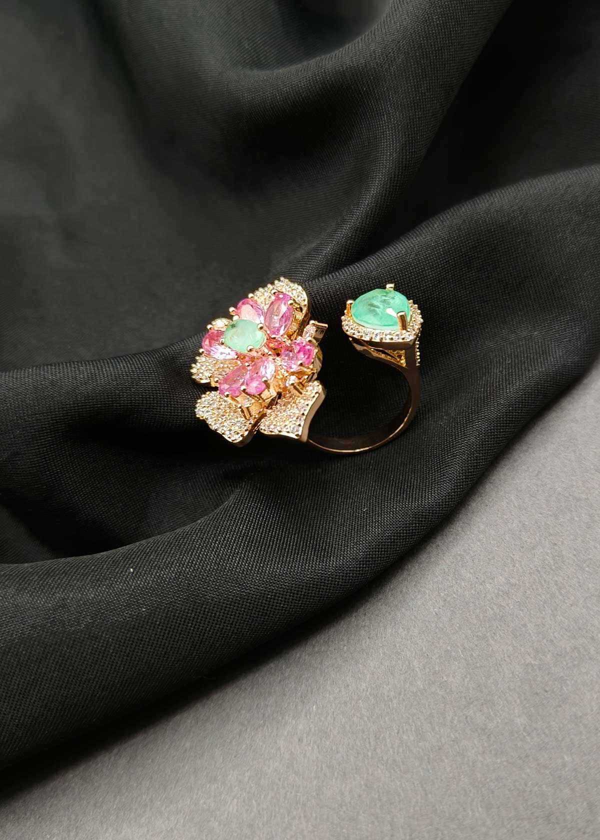 Premium Rose Gold Plated Blooming Floral Cubic Zircon Adjustable Finger Ring