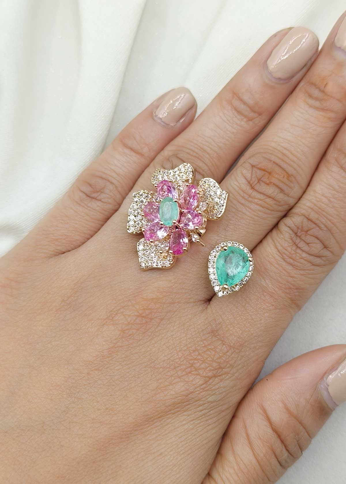 Premium Rose Gold Plated Blooming Floral Cubic Zircon Adjustable Finger Ring