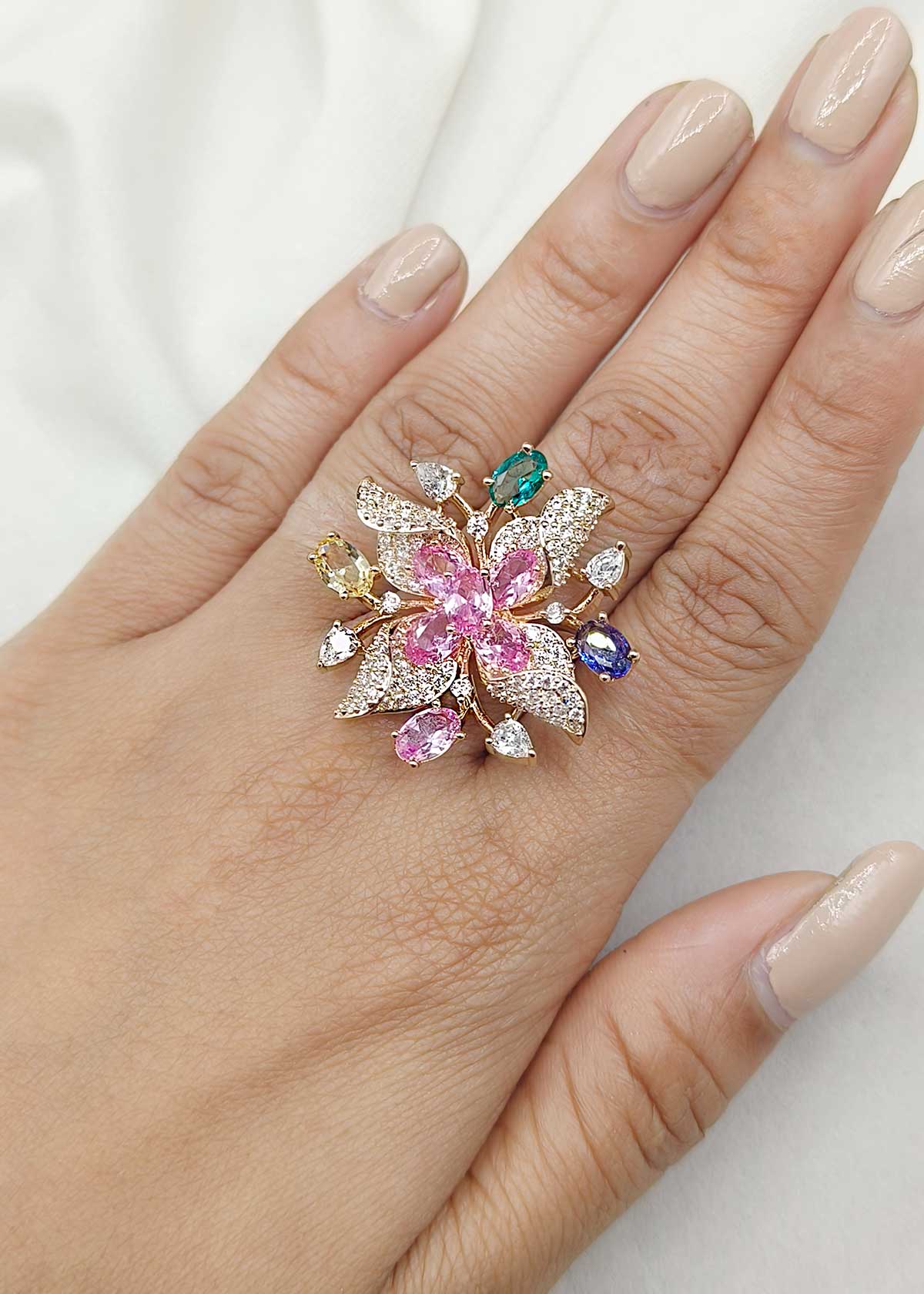 Luxurious Rose Gold Plated Cubic Zircon Adjustable Floral Cocktail Ring