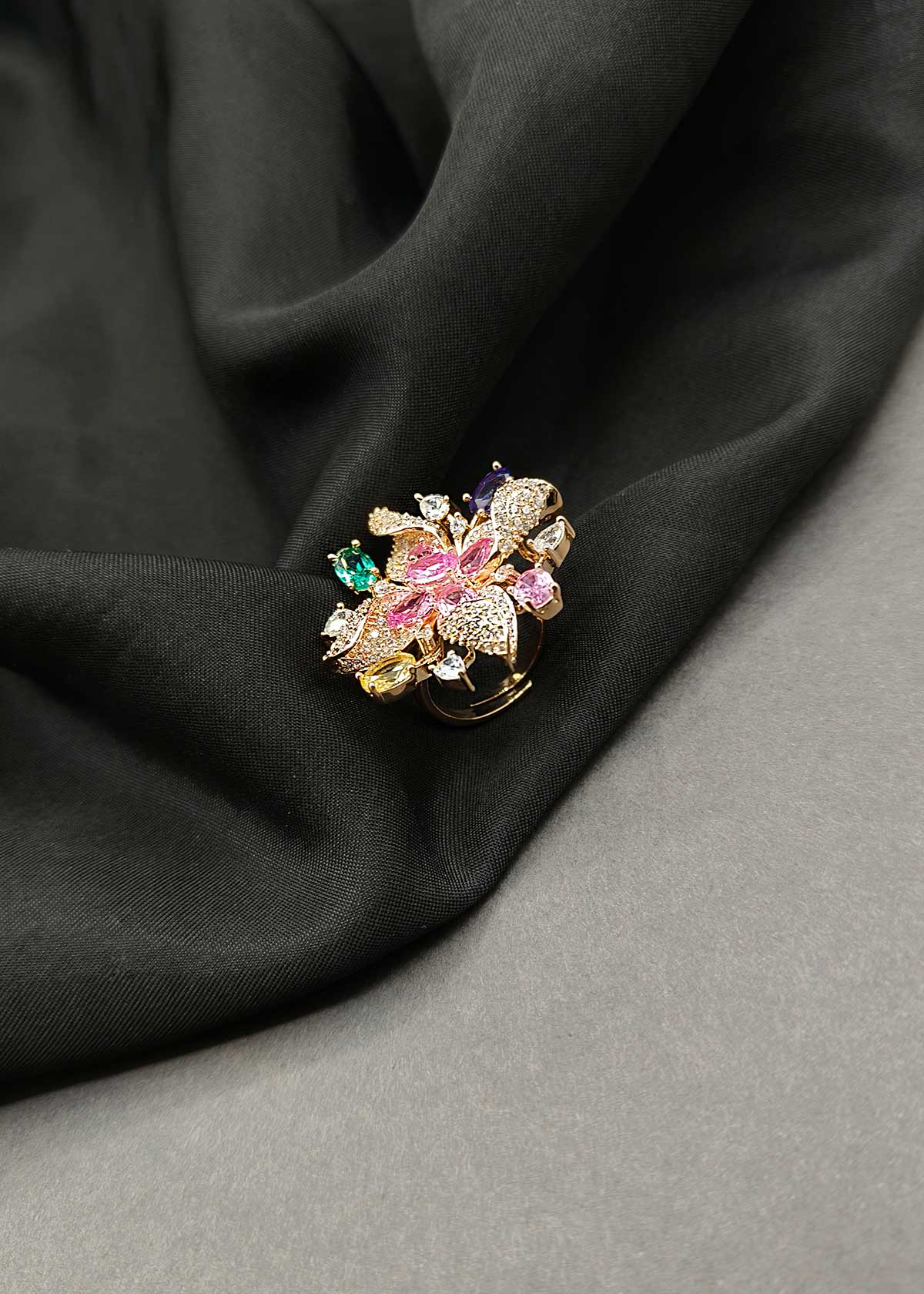 Luxurious Rose Gold Plated Cubic Zircon Adjustable Floral Cocktail Ring