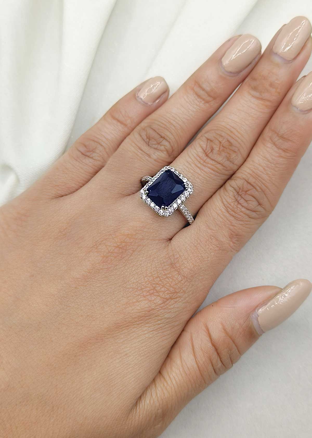 Silver Plated Blue Sapphire & Cubic Zircon Adjustable Finger Ring