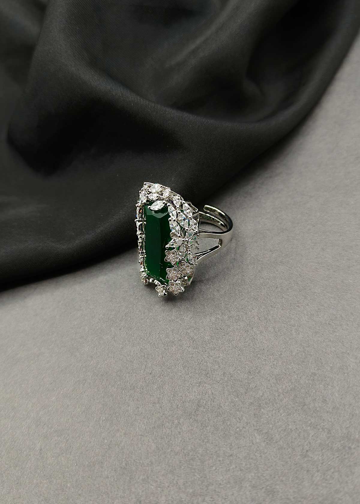 Vintage Inspired Oversized Rectangular Emerald & Ruby Silver Adjustable Ring With Marquise Diamond Border