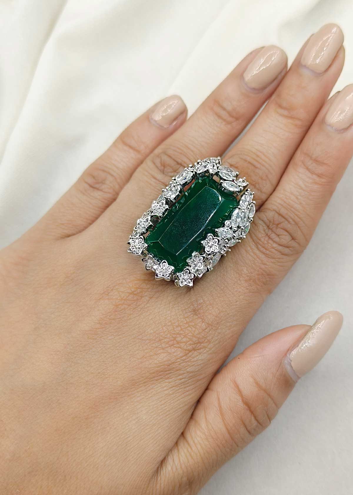 Vintage Inspired Oversized Rectangular Emerald & Ruby Silver Adjustable Ring With Marquise Diamond Border