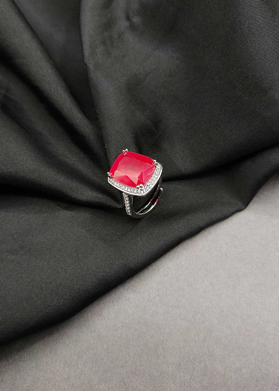 Classic Rectangular Ruby Silver Plated Adjustable Ring With Cubic Zircon Border