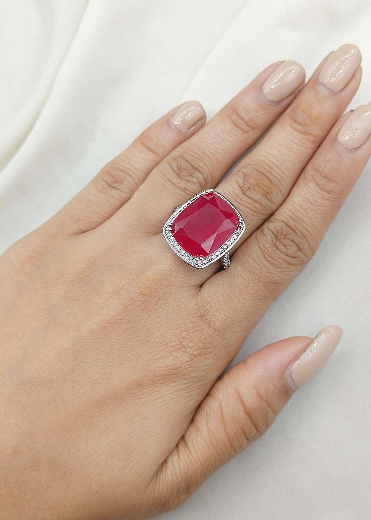 Classic Rectangular Ruby Silver Plated Adjustable Ring With Cubic Zircon Border