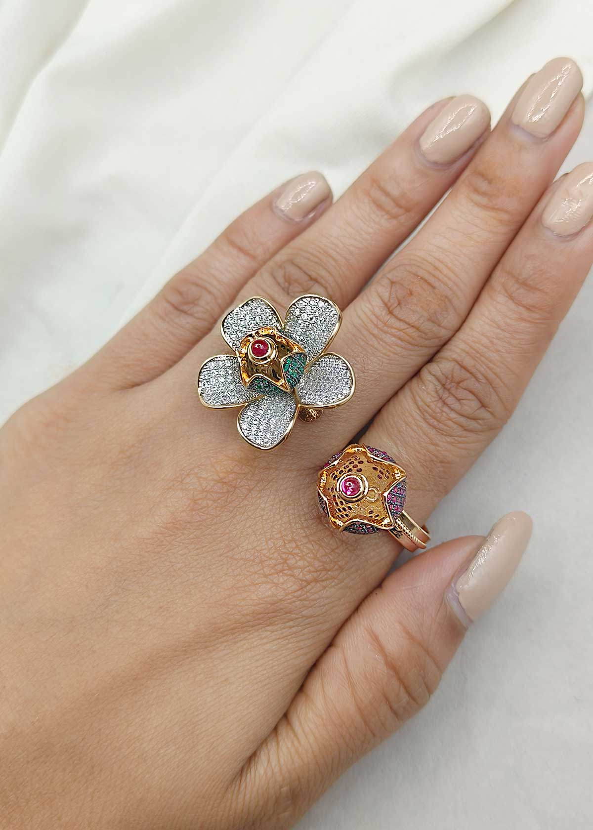 Floral Inspired Design Rich Carat Polish Cubic Zircon Adjustable Finger Ring