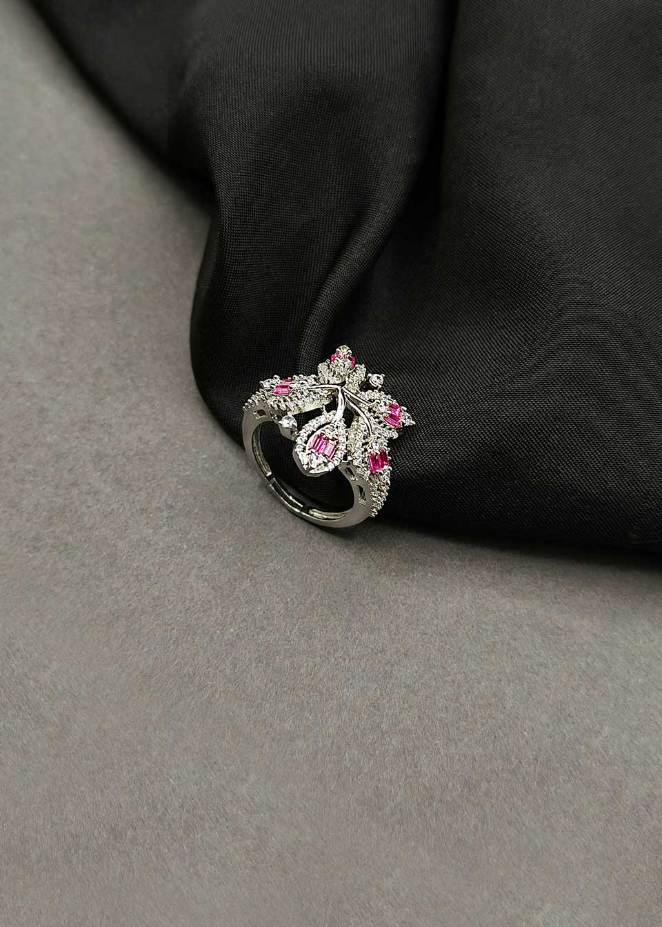 Exquisite Silver Plated Floral Inspired Baguette & Cubic Zircon Adjustable Ring