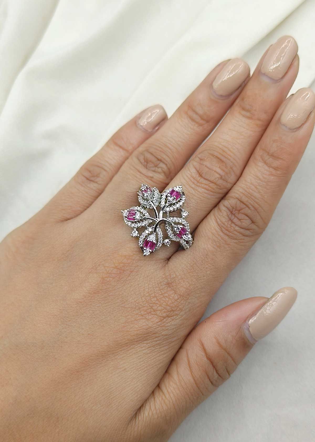Exquisite Silver Plated Floral Inspired Baguette & Cubic Zircon Adjustable Ring