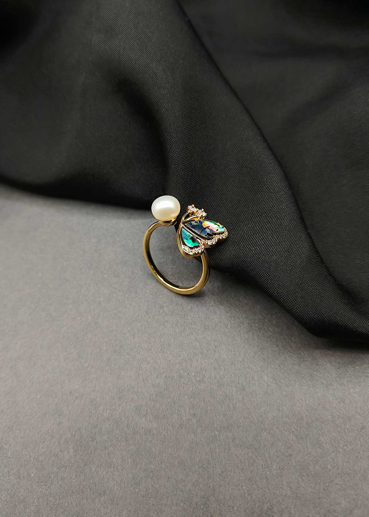Whimsical Butterfly & Pearl Gold Plated Cubic Zircon Adjustable Finger Ring