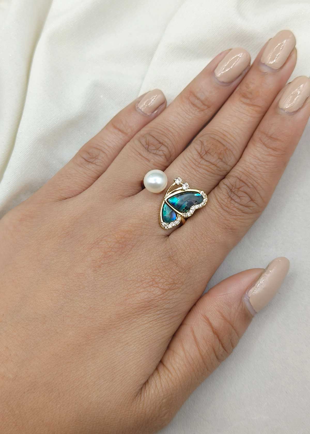 Whimsical Butterfly & Pearl Gold Plated Cubic Zircon Adjustable Finger Ring