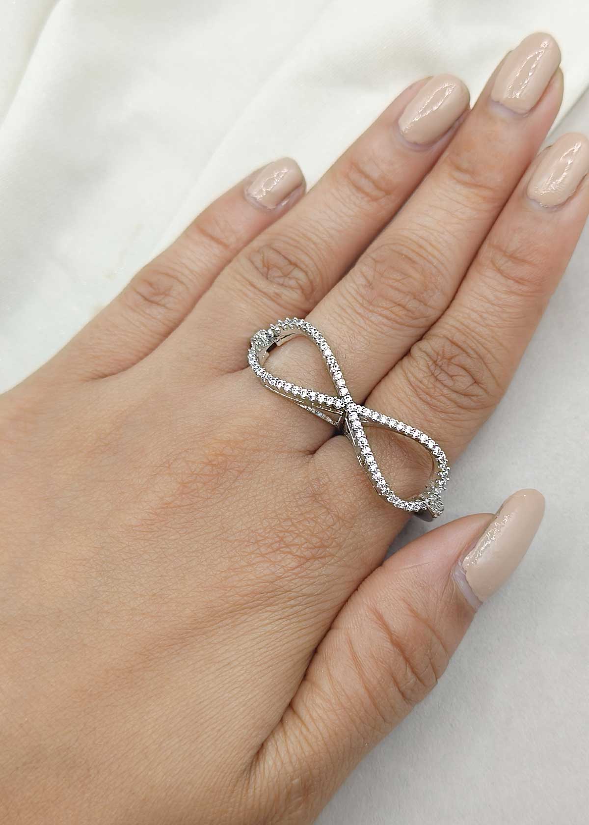 Infinity Style Silver Plated Cubic Zircon Double Finger Adjustable Ring