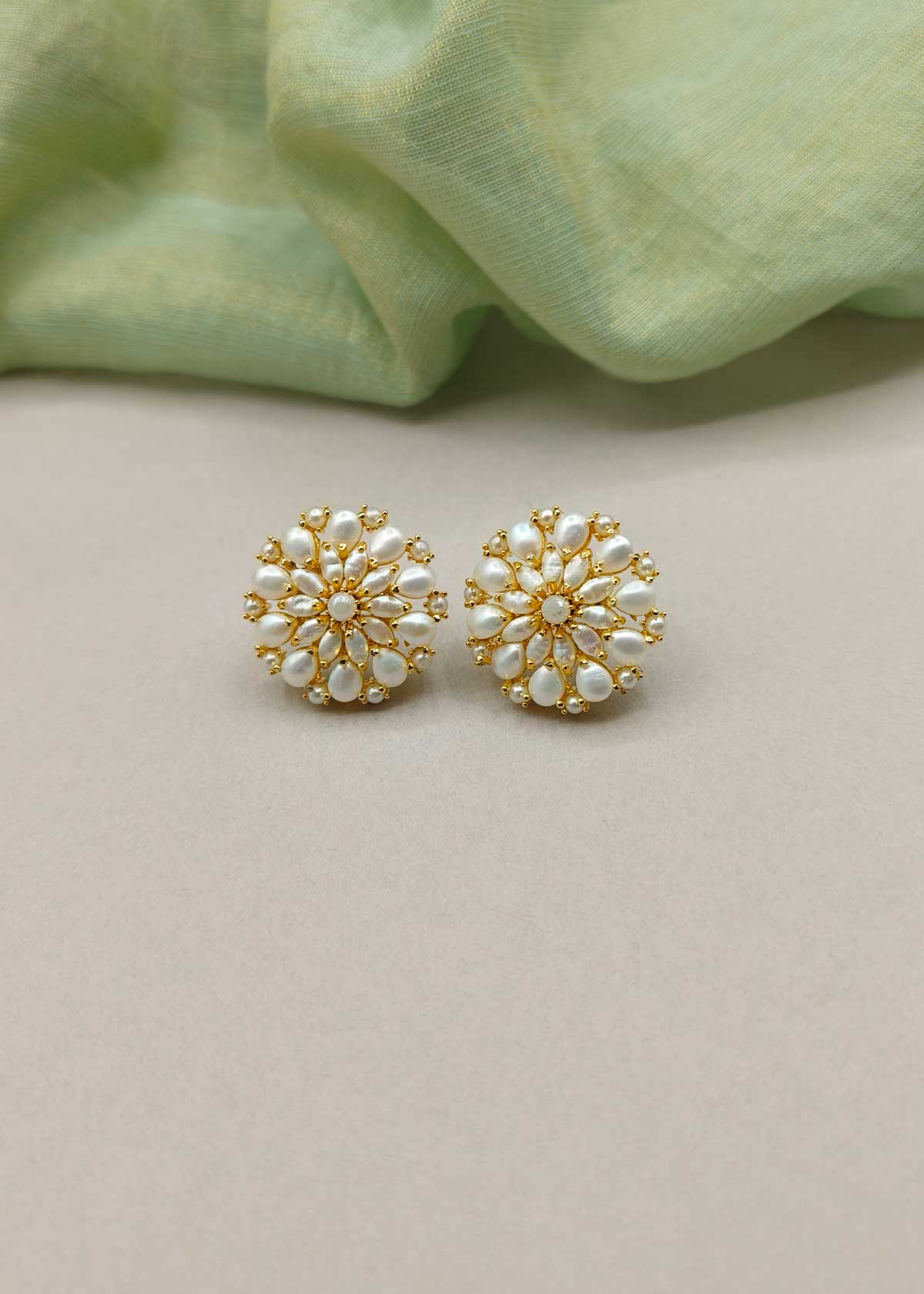 Royal Bloom Gold Plated Pearl Floral Stud Earrings