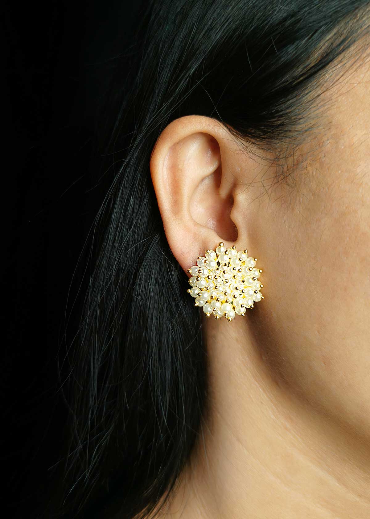 Beautiful Gold Plated Cluster Pearl Bouquet Stud Earrings