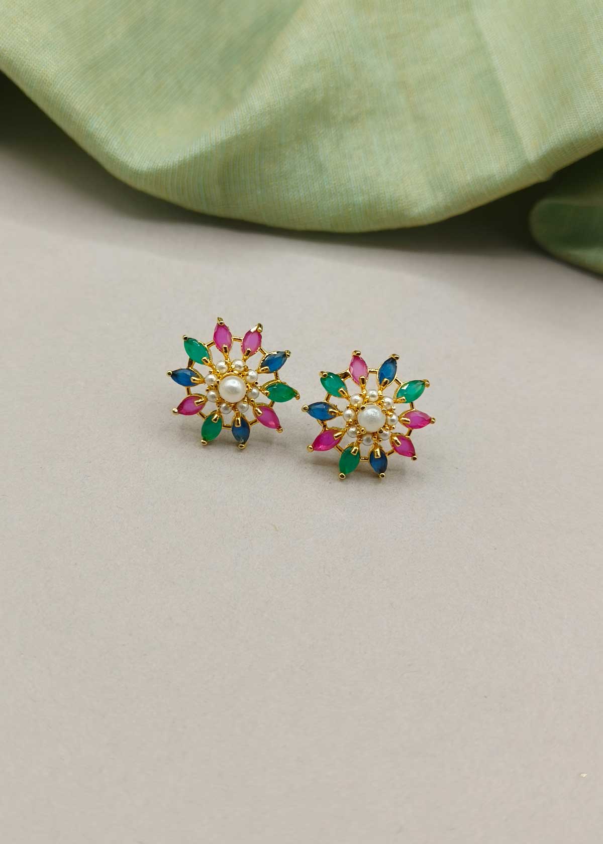 Navratan Inspired Sunburst Gold Plated Multi Gem & Pearl Studs