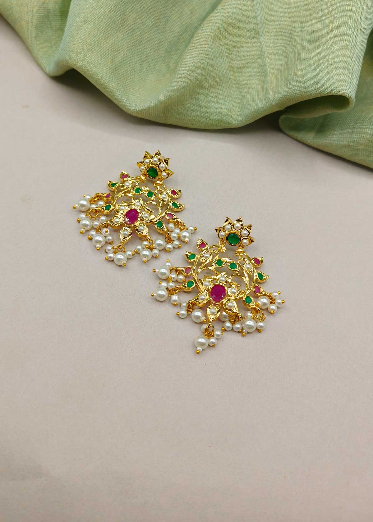 Imperial Heritage Jadau Gold Plated Ruby & Emerald Pearl Drop Long Earrings