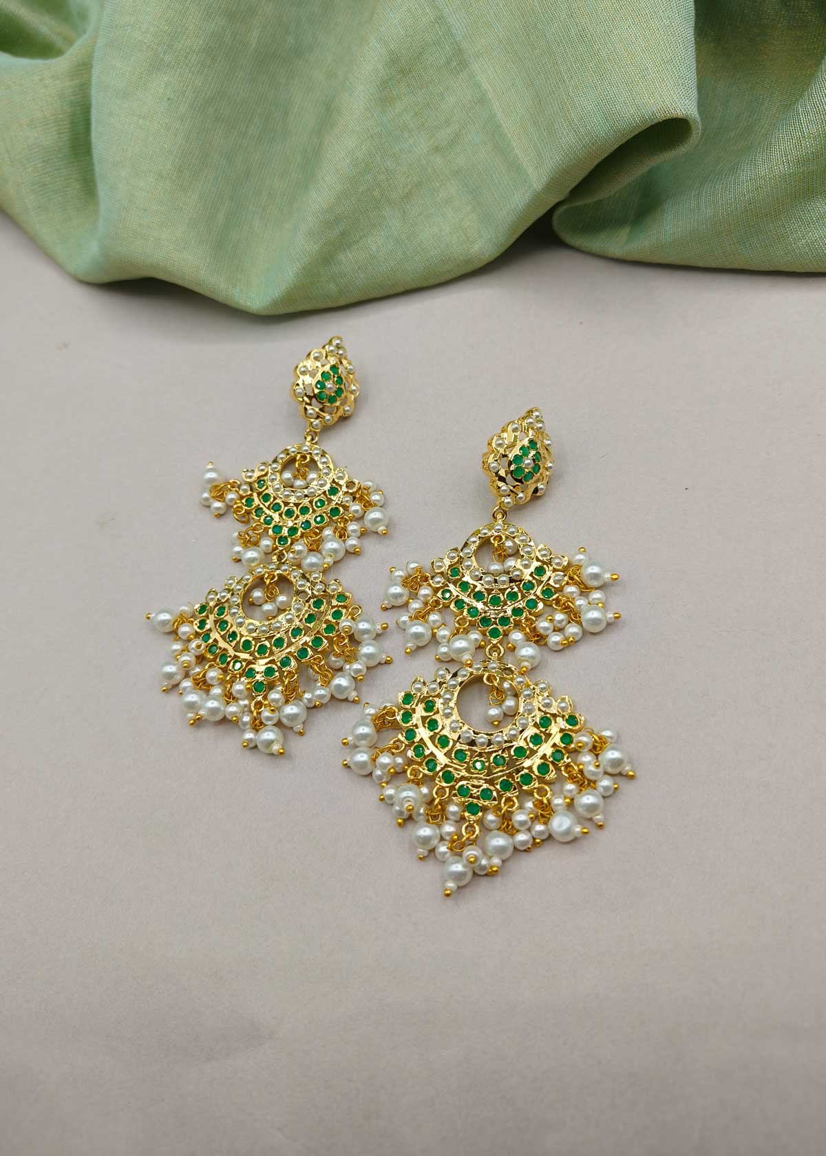 Majestic Tiered Jadau Chandbalis Earrings With Multi Gems & Pearl Clusters