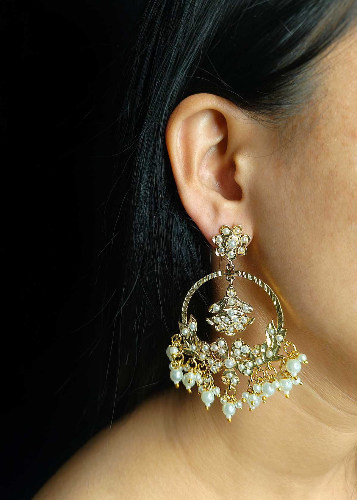 Floral Heritage Jadau Chandbali Earrings With Kemp & Pearl Clusters