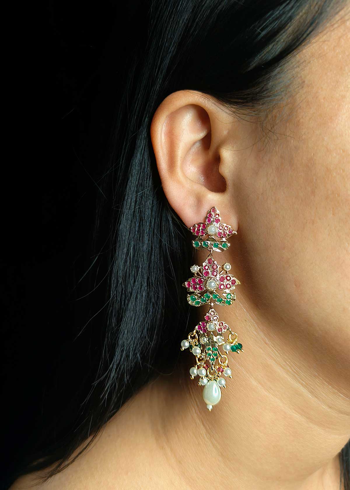 Lavish Triple Tier Jadau Long Earrings With Pearl Drops