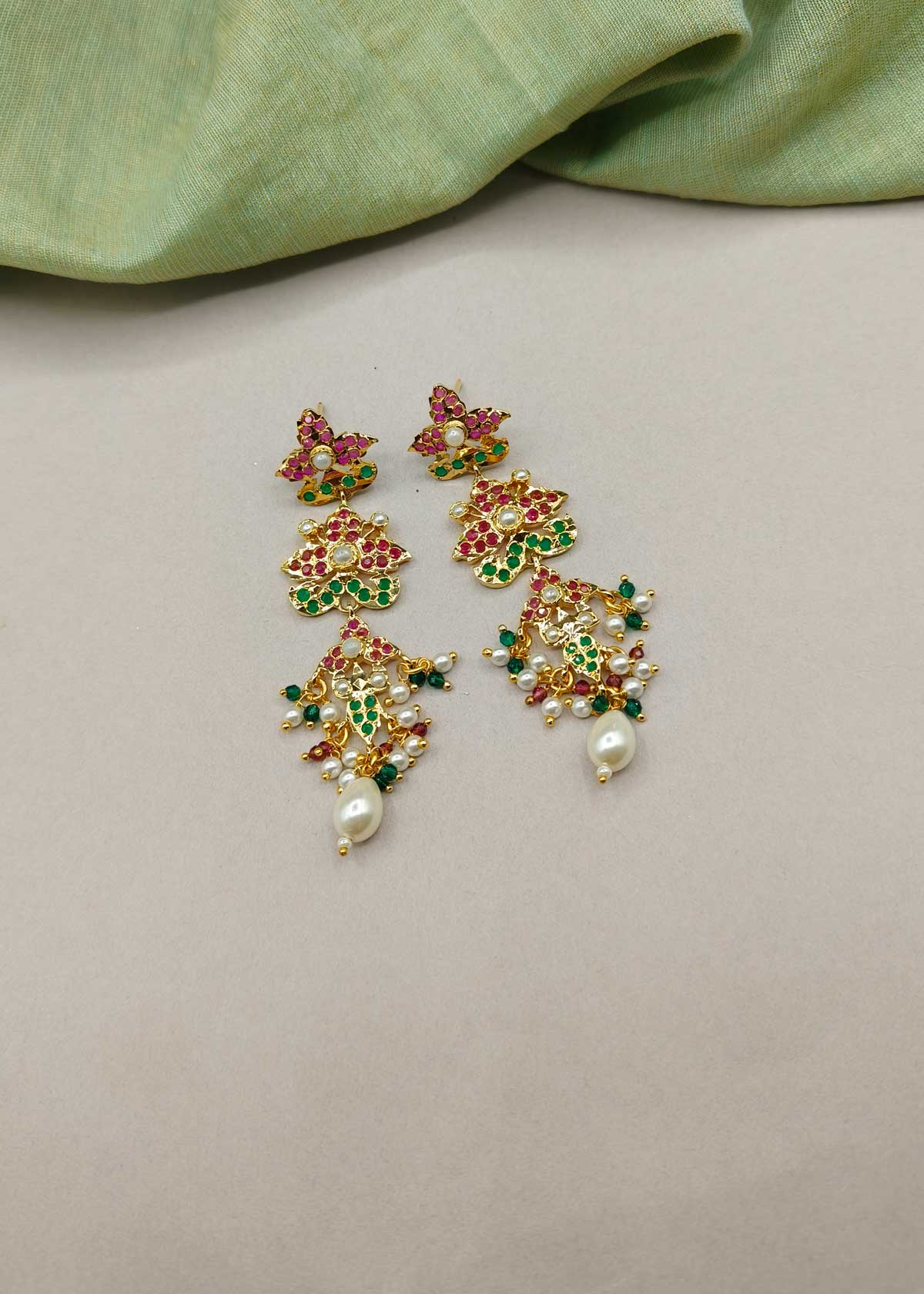 Lavish Triple Tier Jadau Long Earrings With Pearl Drops