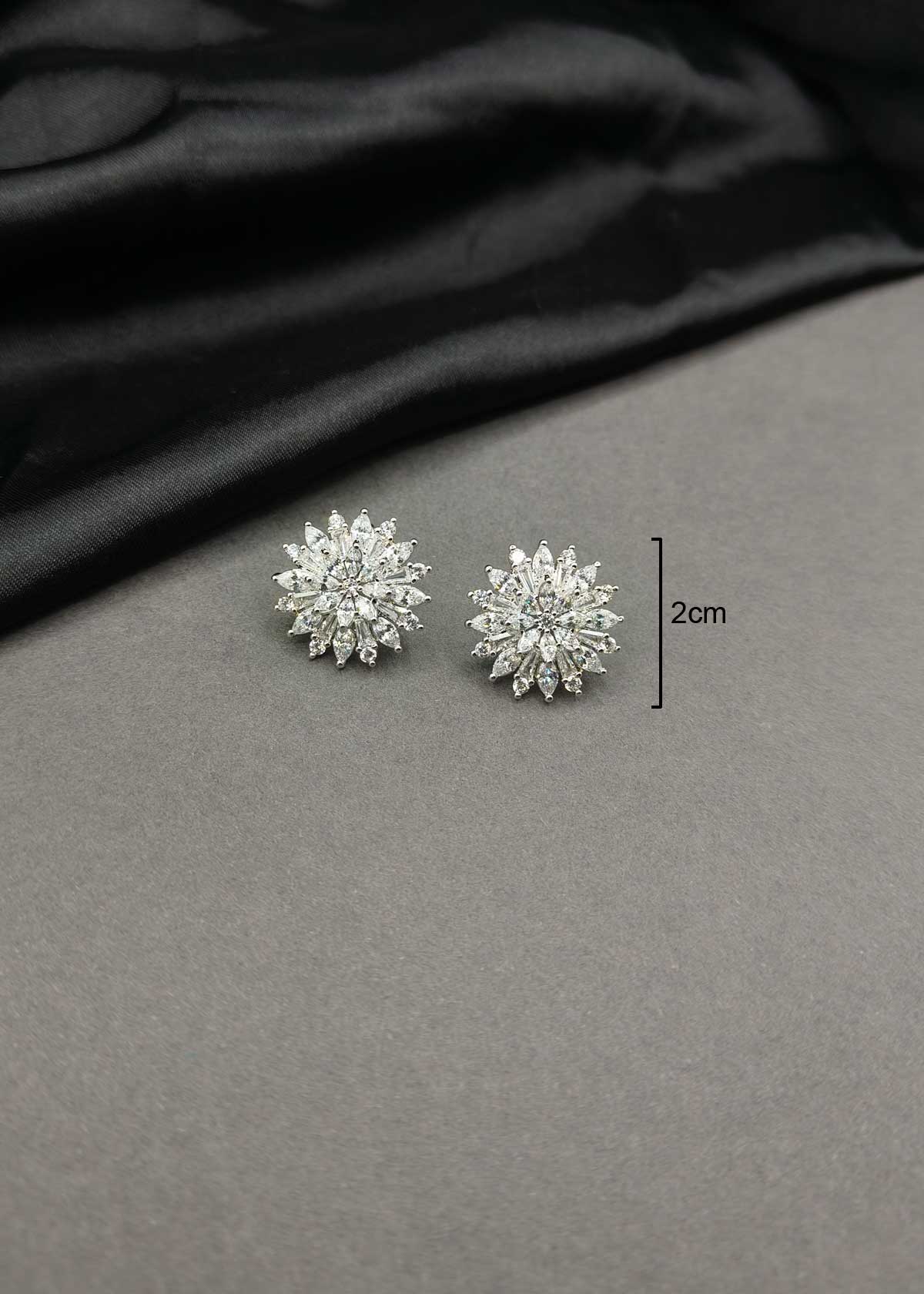 Elegant Floral Sunburst Silver Plated Marquise Diamond Stud Earrings