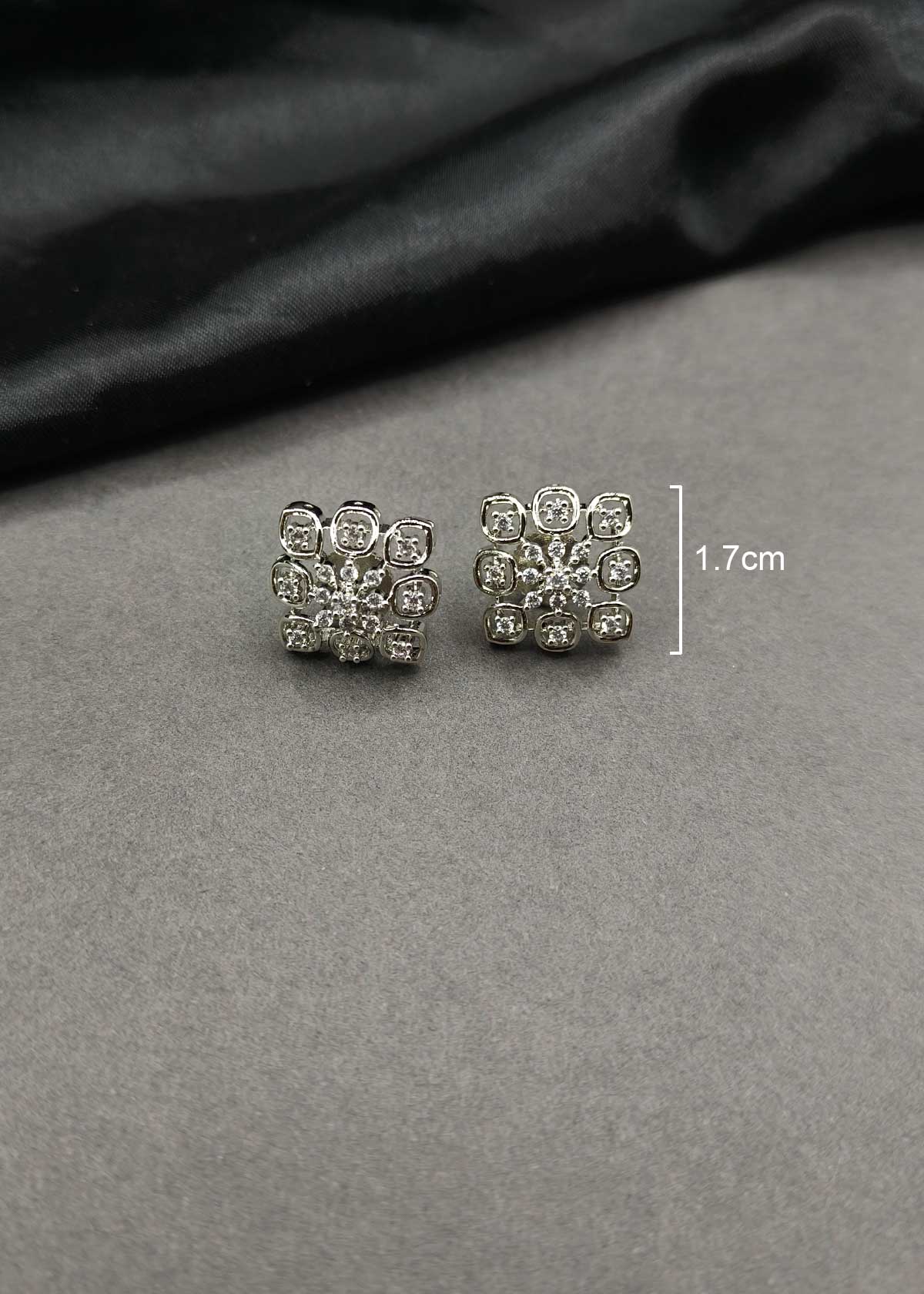 Geometric Square Silver Plated Cubic Zircon Floral Stud Earrings