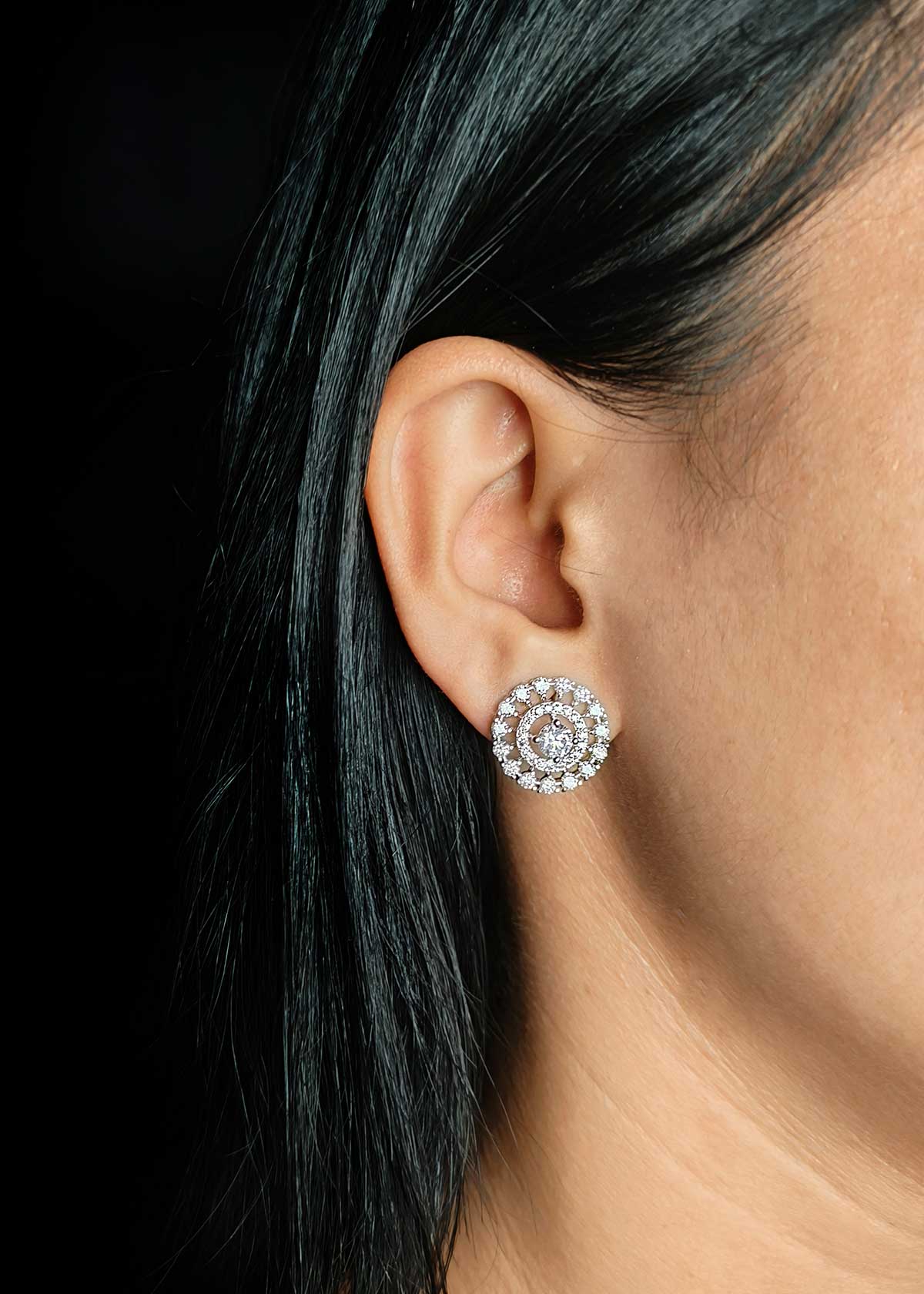 Regal Mandala Double Halo Silver Plated Cubic Zircon Statement Stud Earrings
