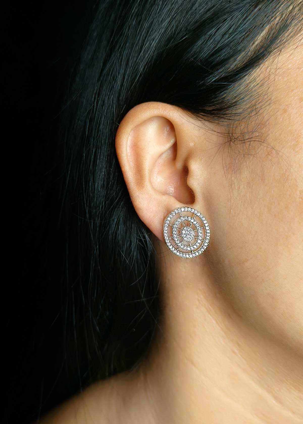 Celestial Orbit Triple Layered Circle Silver Plated Cubic Zircon Stud Earrings