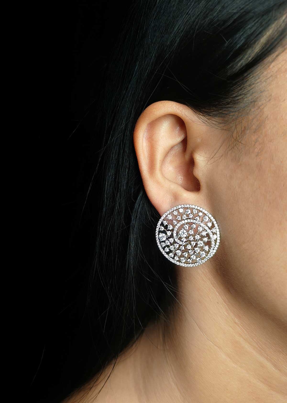 Spiral Motif Cubic Zircon Gold And Silver Plated Big Stud Earrings