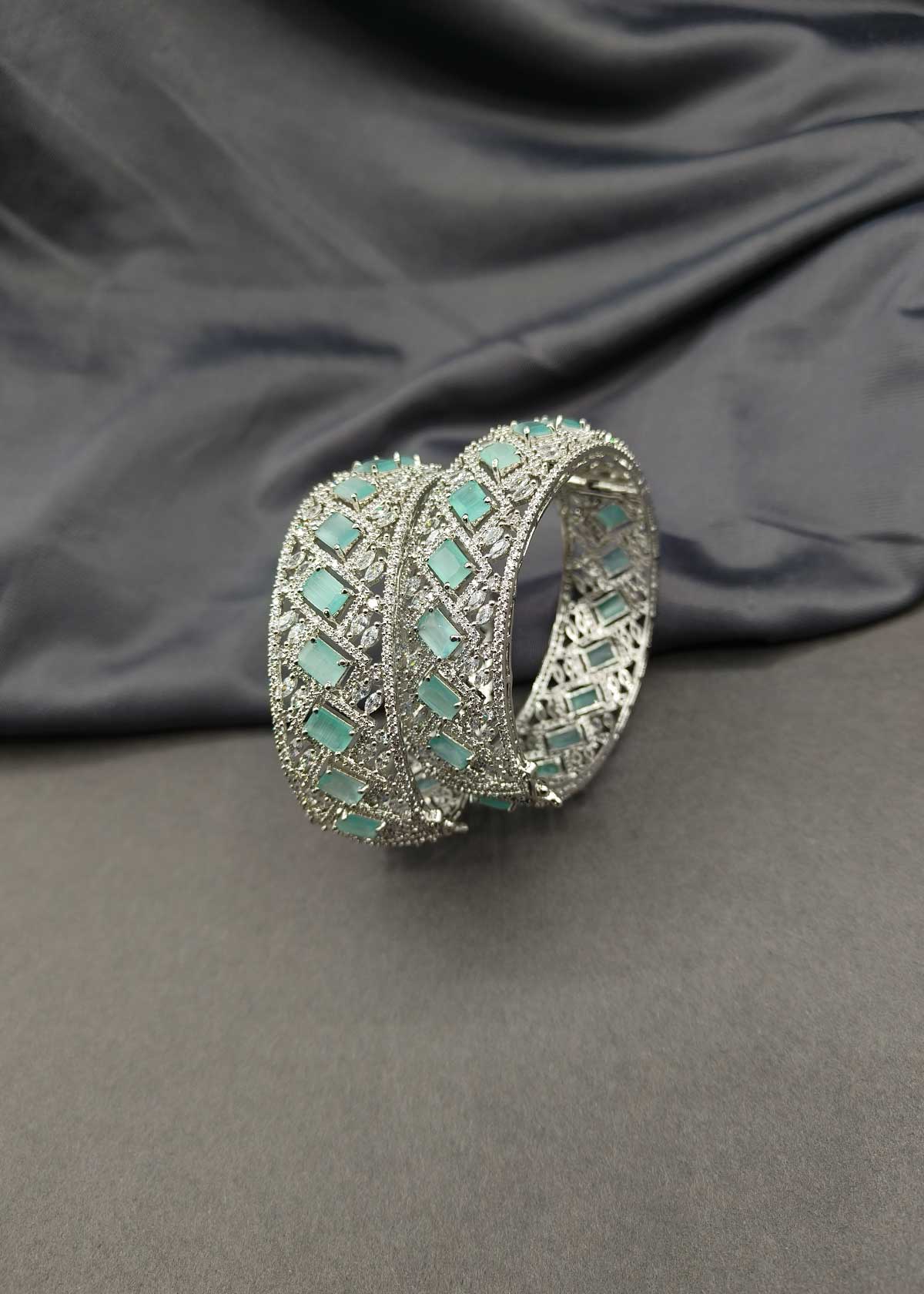 Regal Silver Plated Cubic Zircon & Multi Gemstone Studded Openable Bangles