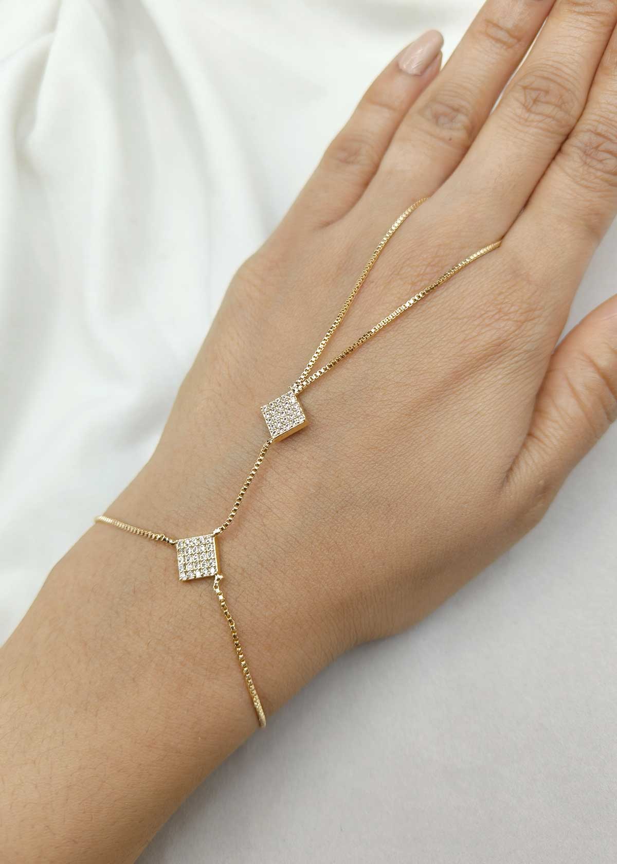 Modern Gold & Silver Plated Cubic Zircon Geometric Dual Square Delicate Hathpan (Single)